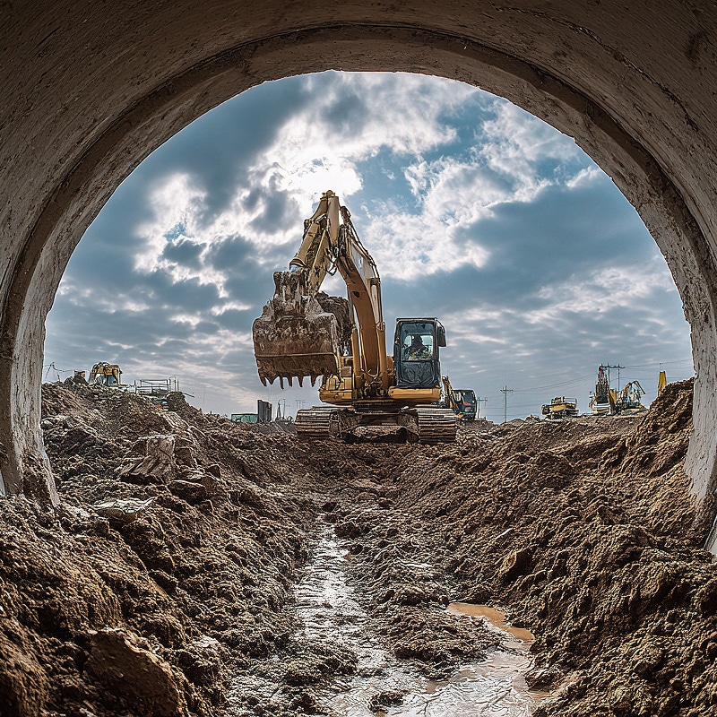 Vue depuis l'intérieur d'un tunnel en béton vers un chantier boueux avec une excavatrice jaune opérationnelle sous un ciel nuageux.