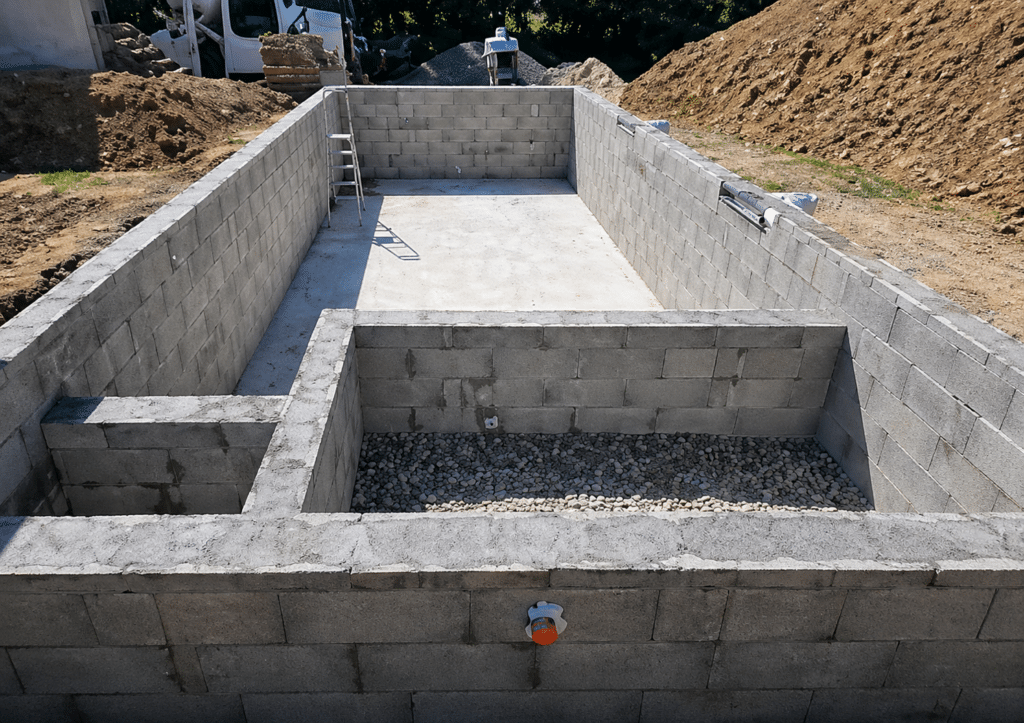 Construction de piscine en blocs de béton et parpaings Structure de piscine en cours de construction avec murs en parpaings et fond en béton et gravier.