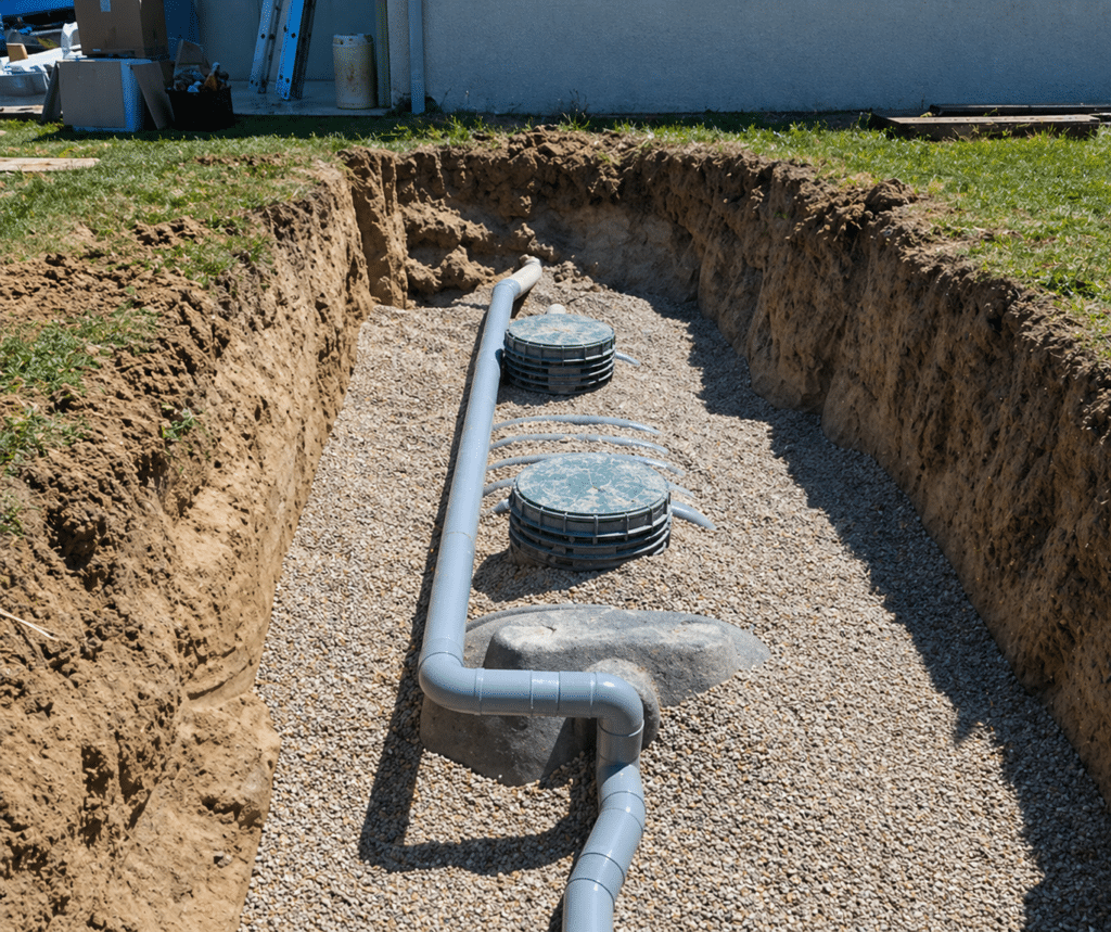 Installation d'un système d'assainissement avec tuyaux PVC et regards verts sur un lit de gravier en tranchée.