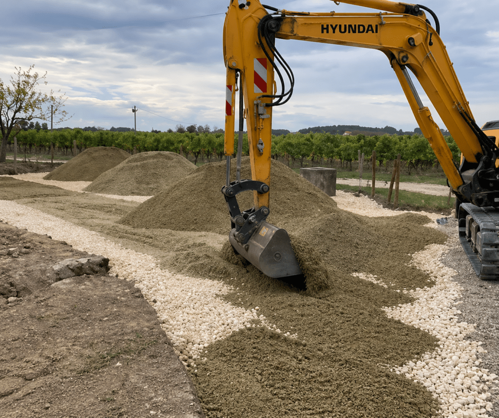 Pelleteuse Hyundai : Aménagement d'un terrain viticole Pelleteuse Hyundai jaune étalant du marc de raisin sur des pierres blanches au cœur d'un vignoble.