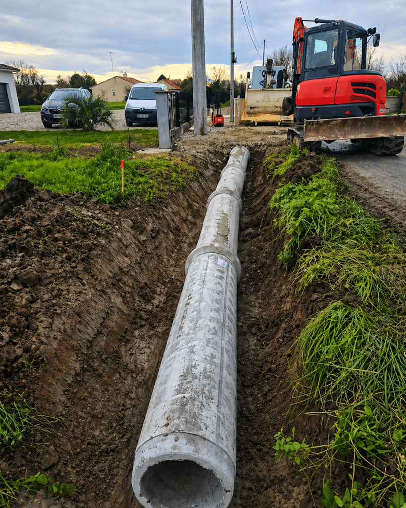 Canalisation en béton : pose et travaux d'assainissement Canalisation en béton installée dans une tranchée sur un chantier avec mini-pelle et véhicules à proximité.