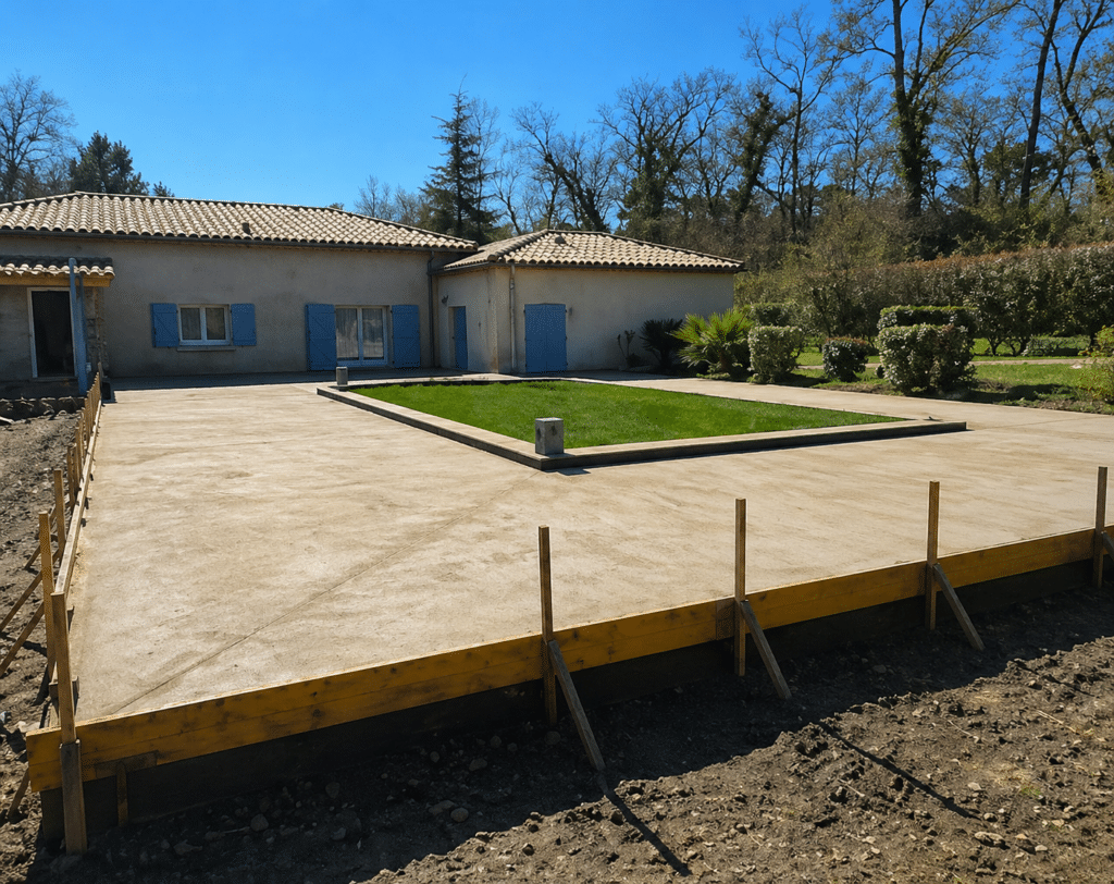 Terrasse en béton avec coffrage bois et jardin provençal Terrasse en béton frais avec coffrage bois et pelouse centrale devant une villa provençale aux volets bleus.