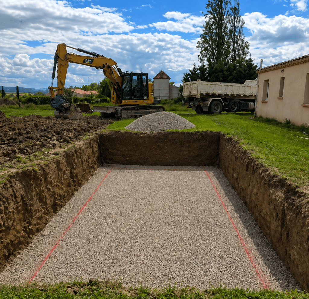 Excavatrice CAT sur un chantier de terrassement avec fondations en gravier délimitées par des lignes laser rouges.