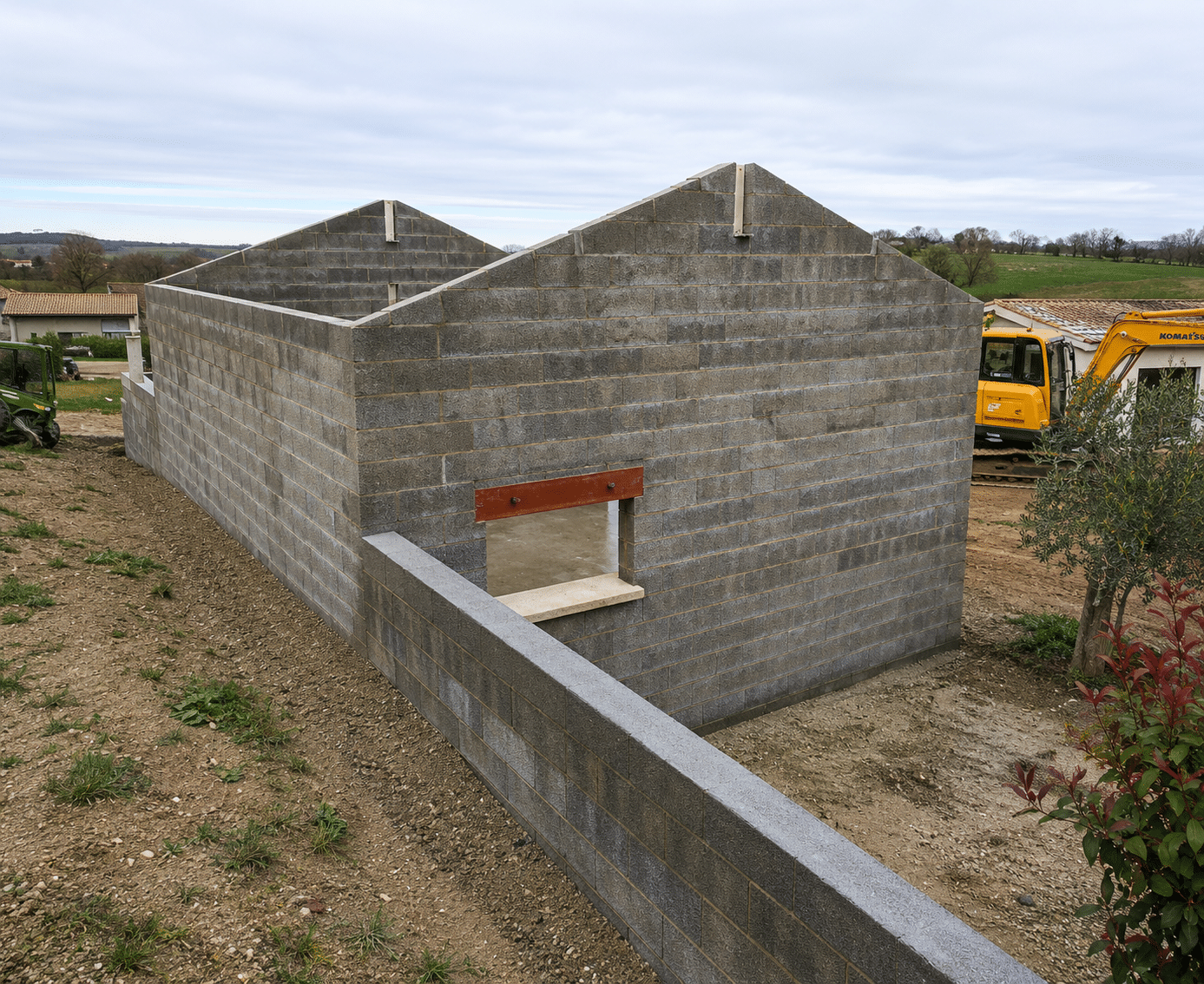 Chantier de gros œuvre : bâtiment en parpaings avec linteau en acier et pelleteuse en arrière-plan.