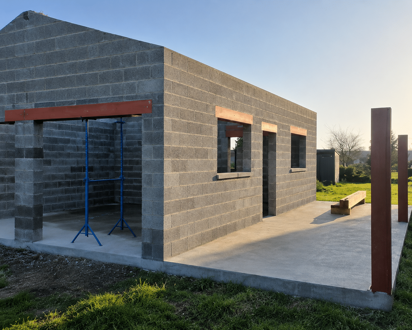 Structure de maison en parpaings avec linteaux en acier et étais bleus sur une dalle en béton au soleil.