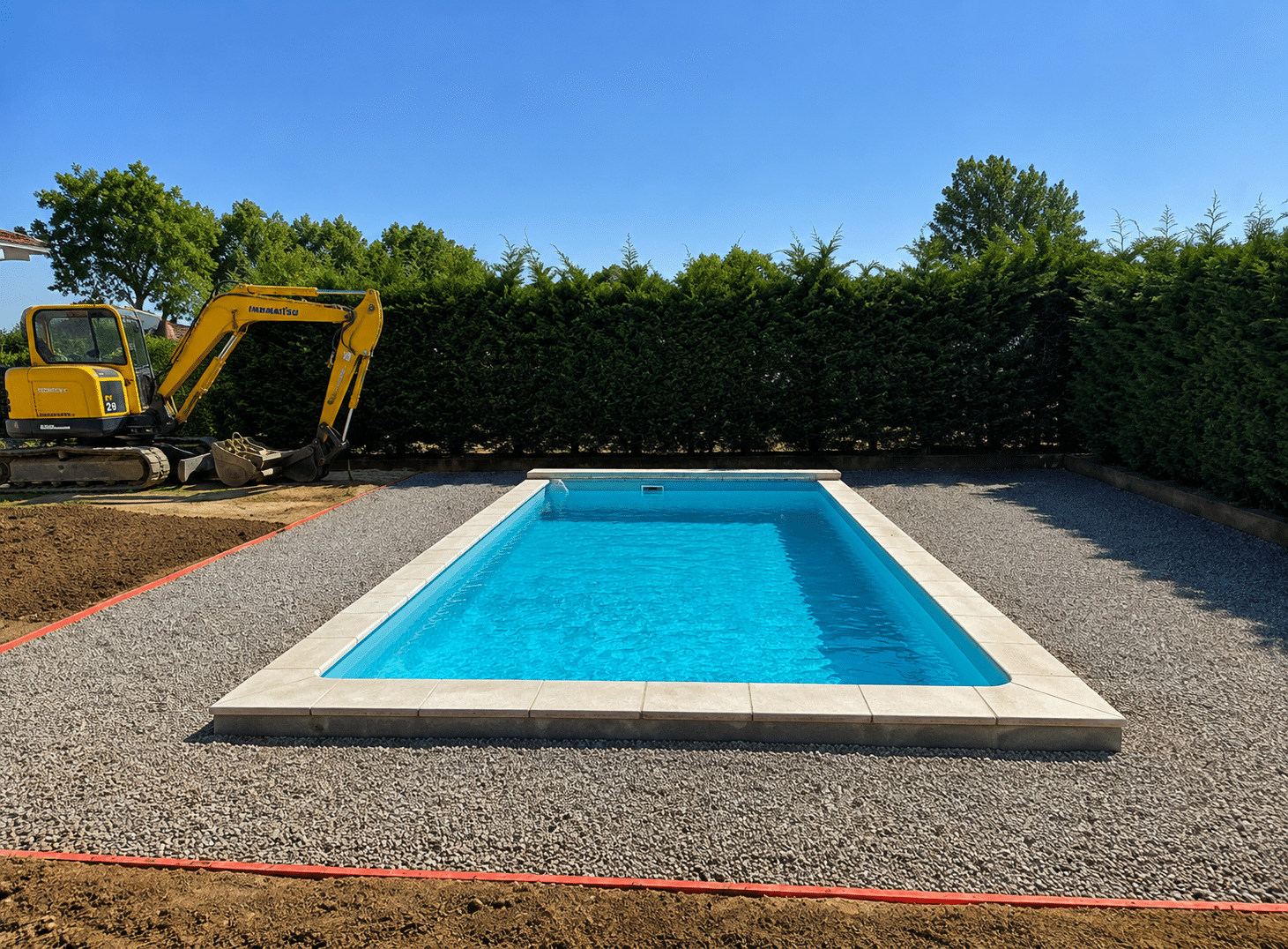 Construction piscine : aménagement paysager et pelleteuse Piscine bleue entourée de gravier avec pelleteuse IMER 28 lors de l'aménagement paysager d'un jardin avec haie.